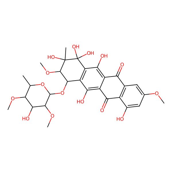 2D Structure of 4,6,9,10,10,11-Hexahydroxy-7-(4-hydroxy-3,5-dimethoxy-6-methyloxan-2-yl)oxy-2,8-dimethoxy-9-methyl-7,8-dihydrotetracene-5,12-dione