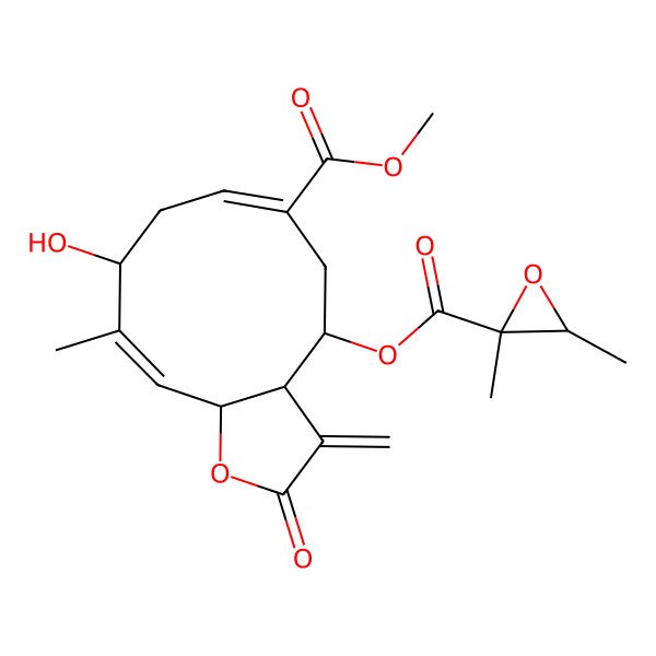 2D Structure of Methyl 4-(2,3-dimethyloxirane-2-carbonyl)oxy-9-hydroxy-10-methyl-3-methylidene-2-oxo-3a,4,5,8,9,11a-hexahydrocyclodeca[b]furan-6-carboxylate