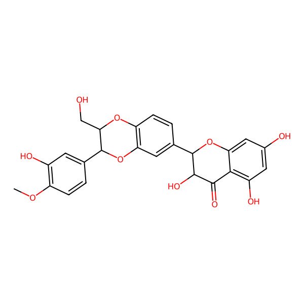2D Structure of (2R,3R)-3,5,7-trihydroxy-2-[(2R,3R)-3-(3-hydroxy-4-methoxyphenyl)-2-(hydroxymethyl)-2,3-dihydro-1,4-benzodioxin-6-yl]-2,3-dihydrochromen-4-one