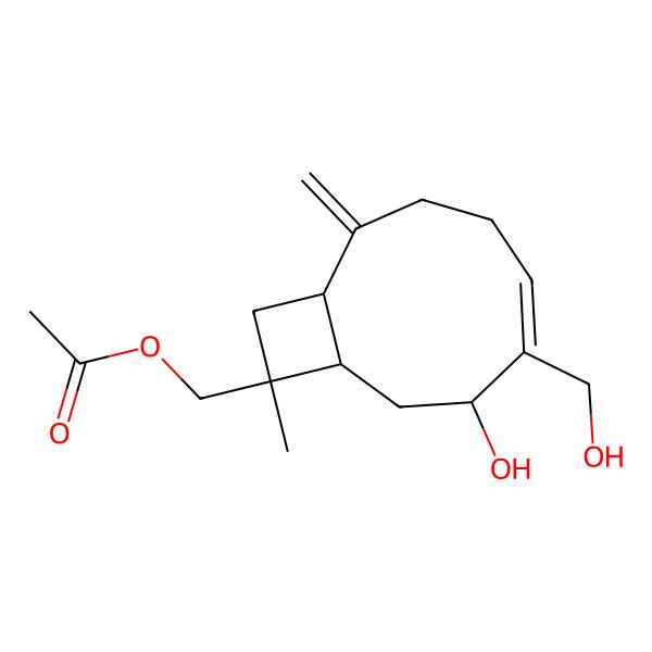 2D Structure of [(1S,5Z,7R,10S)-7-hydroxy-6-(hydroxymethyl)-10-methyl-2-methylidene-10-bicyclo[7.2.0]undec-5-enyl]methyl acetate