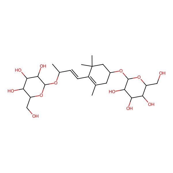2D Structure of (2R,3S,4S,5R,6R)-2-(hydroxymethyl)-6-[(1R)-3,5,5-trimethyl-4-[(E,3R)-3-[(2R,3R,4S,5S,6R)-3,4,5-trihydroxy-6-(hydroxymethyl)oxan-2-yl]oxybut-1-enyl]cyclohex-3-en-1-yl]oxyoxane-3,4,5-triol