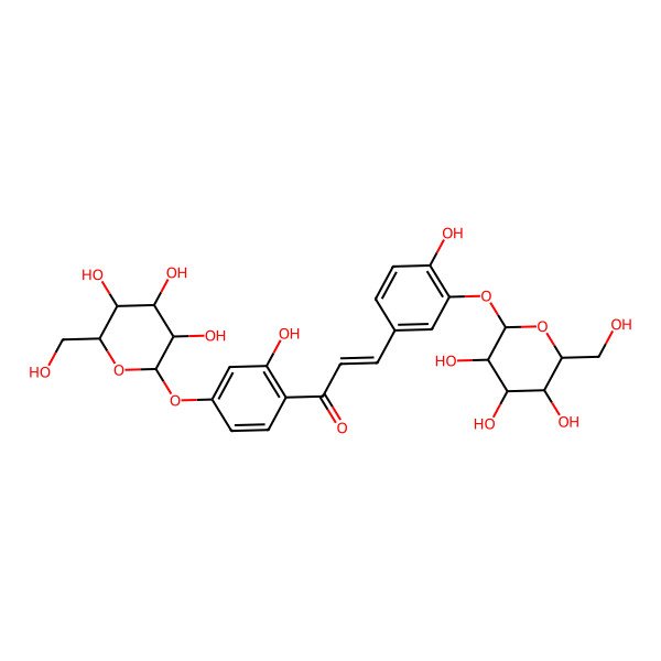 2D Structure of (E)-1-[2-hydroxy-4-[(2R,3R,4S,5S,6R)-3,4,5-trihydroxy-6-(hydroxymethyl)oxan-2-yl]oxyphenyl]-3-[4-hydroxy-3-[(2S,3R,4S,5S,6R)-3,4,5-trihydroxy-6-(hydroxymethyl)oxan-2-yl]oxyphenyl]prop-2-en-1-one