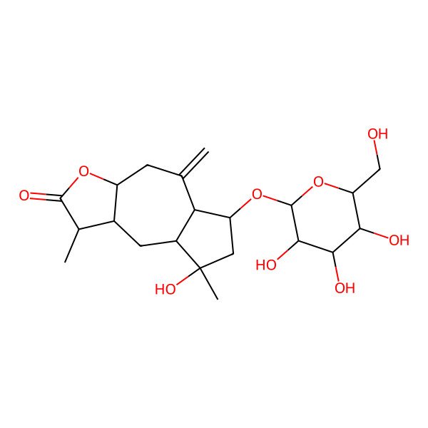 2D Structure of 8-hydroxy-1,8-dimethyl-5-methylidene-6-[3,4,5-trihydroxy-6-(hydroxymethyl)oxan-2-yl]oxy-3a,4,5a,6,7,8a,9,9a-octahydro-1H-azuleno[6,5-b]furan-2-one