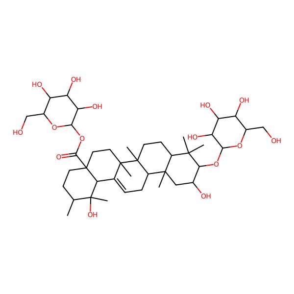 2D Structure of [3,4,5-Trihydroxy-6-(hydroxymethyl)oxan-2-yl] 1,11-dihydroxy-1,2,6a,6b,9,9,12a-heptamethyl-10-[3,4,5-trihydroxy-6-(hydroxymethyl)oxan-2-yl]oxy-2,3,4,5,6,6a,7,8,8a,10,11,12,13,14b-tetradecahydropicene-4a-carboxylate