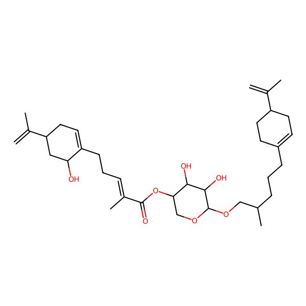 2D Structure of [(3R,4R,5R,6R)-4,5-dihydroxy-6-[(2R)-2-methyl-5-[(4R)-4-prop-1-en-2-ylcyclohexen-1-yl]pentoxy]oxan-3-yl] (E)-5-[(4R,6R)-6-hydroxy-4-prop-1-en-2-ylcyclohexen-1-yl]-2-methylpent-2-enoate