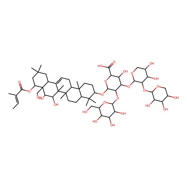 2D Structure of (2S,3S,4S,5R,6R)-6-[[(3S,4aR,6aR,6bS,7R,8S,8aR,9S,12aS,14aR,14bR)-7,8-dihydroxy-8a-(hydroxymethyl)-4,4,6a,6b,11,11,14b-heptamethyl-9-(2-methylbut-2-enoyloxy)-1,2,3,4a,5,6,7,8,9,10,12,12a,14,14a-tetradecahydropicen-3-yl]oxy]-4-[(2S,3R,4S,5S)-4,5-dihydroxy-3-[(2S,3R,4S,5R)-3,4,5-trihydroxyoxan-2-yl]oxyoxan-2-yl]oxy-3-hydroxy-5-[(2S,3R,4S,5R,6R)-3,4,5-trihydroxy-6-(hydroxymethyl)oxan-2-yl]oxyoxane-2-carboxylic acid