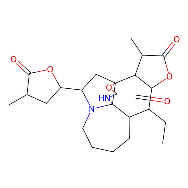 2D Structure of 7-Ethyl-3-methyl-19-(4-methyl-5-oxooxolan-2-yl)-5,17-dioxa-13,15-diazapentacyclo[11.4.2.01,14.02,6.08,14]nonadecane-4,16-dione