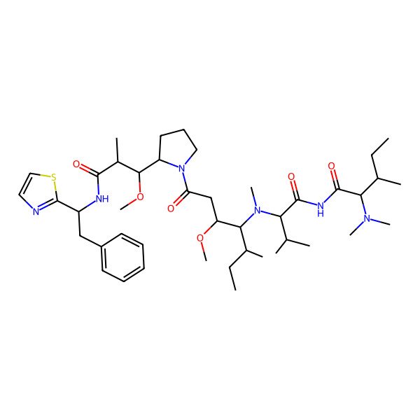 2D Structure of (2S,3S)-2-(dimethylamino)-N-[(2S)-2-[[(3R,5S)-3-methoxy-1-[(2S)-2-[(2R)-1-methoxy-2-methyl-3-oxo-3-[[(1R)-2-phenyl-1-(1,3-thiazol-2-yl)ethyl]amino]propyl]pyrrolidin-1-yl]-5-methyl-1-oxoheptan-4-yl]-methylamino]-3-methylbutanoyl]-3-methylpentanamide