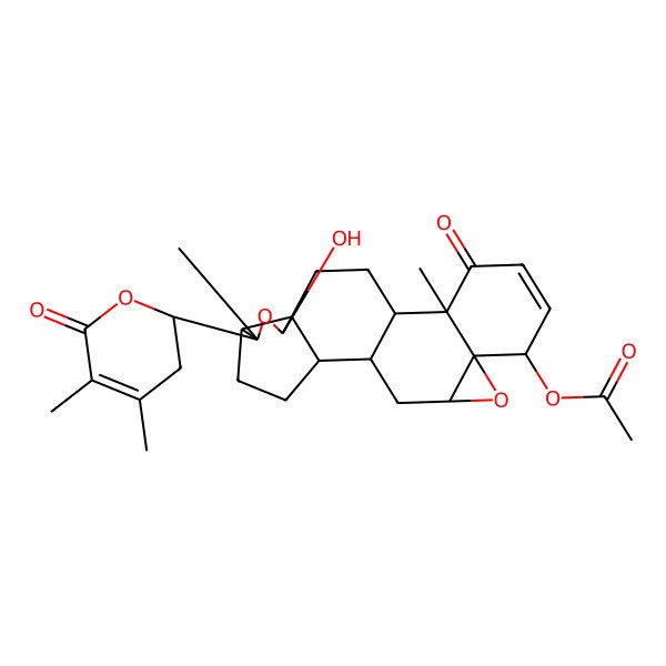 2D Structure of [6-(4,5-Dimethyl-6-oxo-2,3-dihydropyran-2-yl)-8-hydroxy-6,13-dimethyl-14-oxo-7,19-dioxahexacyclo[10.9.0.02,9.05,9.013,18.018,20]henicos-15-en-17-yl] acetate