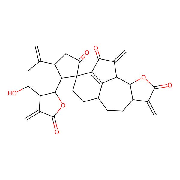 2D Structure of 4'-hydroxy-3',5,6',15-tetramethylidenespiro[3-oxatetracyclo[7.6.1.02,6.013,16]hexadec-13(16)-ene-12,9'-4,5,6a,7,9a,9b-hexahydro-3aH-azuleno[4,5-b]furan]-2',4,8',14-tetrone
