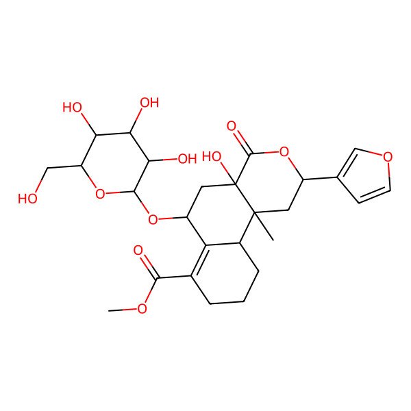 2D Structure of Methyl 2-(furan-3-yl)-4a-hydroxy-10b-methyl-4-oxo-6-[3,4,5-trihydroxy-6-(hydroxymethyl)oxan-2-yl]oxy-1,2,5,6,8,9,10,10a-octahydrobenzo[f]isochromene-7-carboxylate