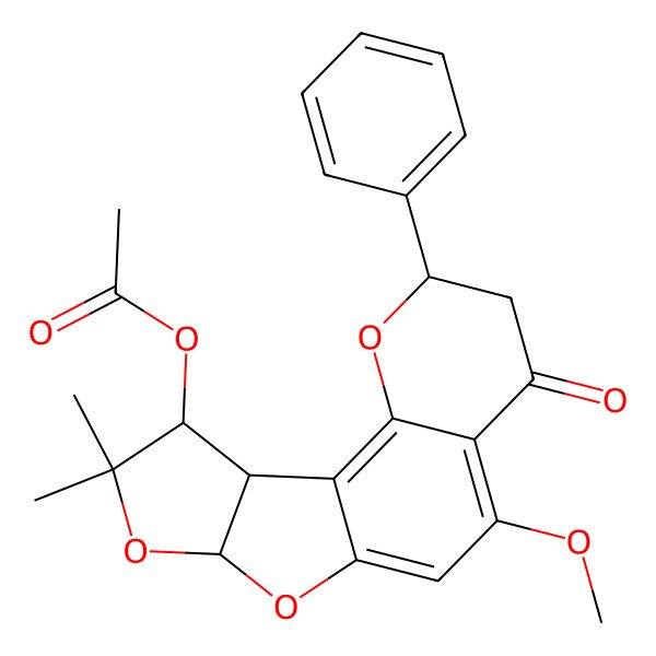 2D Structure of (8-Methoxy-14,14-dimethyl-6-oxo-4-phenyl-3,11,13-trioxatetracyclo[8.6.0.02,7.012,16]hexadeca-1,7,9-trien-15-yl) acetate