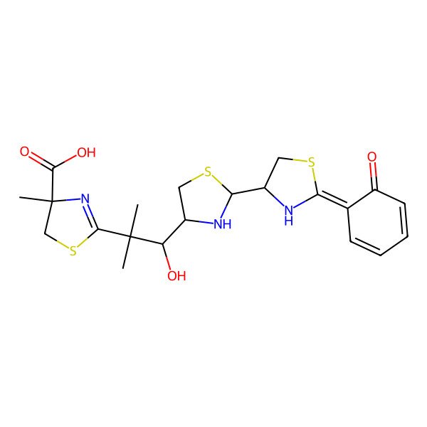2D Structure of (4S)-2-[(1S)-1-hydroxy-2-methyl-1-[(4R)-2-[(2E,4R)-2-(6-oxocyclohexa-2,4-dien-1-ylidene)-1,3-thiazolidin-4-yl]-1,3-thiazolidin-4-yl]propan-2-yl]-4-methyl-5H-1,3-thiazole-4-carboxylic acid