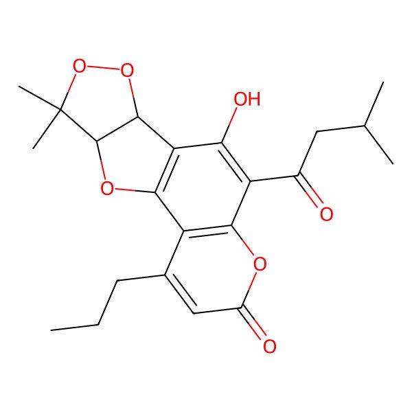 2D Structure of (11R,15S)-9-hydroxy-14,14-dimethyl-8-(3-methylbutanoyl)-3-propyl-6,12,13,16-tetraoxatetracyclo[8.6.0.02,7.011,15]hexadeca-1(10),2(7),3,8-tetraen-5-one
