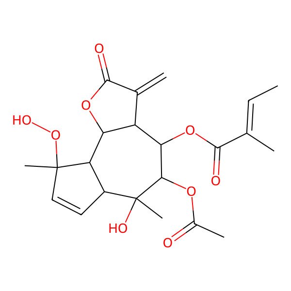 2D Structure of [(3aS,4R,5R,6S,6aR,9R,9aS,9bS)-5-acetyloxy-9-hydroperoxy-6-hydroxy-6,9-dimethyl-3-methylidene-2-oxo-3a,4,5,6a,9a,9b-hexahydroazuleno[4,5-b]furan-4-yl] (E)-2-methylbut-2-enoate
