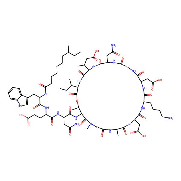2D Structure of 5-[[4-amino-1-[[18-(4-aminobutyl)-9-(2-amino-2-oxoethyl)-3-butan-2-yl-15,21-bis(carboxymethyl)-6-(1-carboxypropan-2-yl)-24,28,31-trimethyl-2,5,8,11,14,17,20,23,26,29-decaoxo-1-oxa-4,7,10,13,16,19,22,25,28-nonazacyclohentriacont-30-yl]amino]-1,4-dioxobutan-2-yl]amino]-4-[[3-(1H-indol-3-yl)-2-(8-methyldecanoylamino)propanoyl]amino]-5-oxopentanoic acid