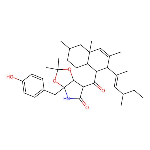 2D Structure of 4-{[3-(1,3-Dimethylpent-1-enyl)(2S,8S,6R)-4,6,8-trimethylbicyclo[4.4.0]dec-4-en-2-yl]carbonyl}-2-aza-1-[(4-hydroxyphenyl)methyl]-7,7-dimethyl-6,8-dioxabicyclo[3.3.0]octan-3-one