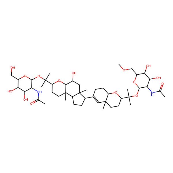 2D Structure of N-[(2R,3R,4R,5S,6R)-2-[2-[(3S,4aR,5R,6aR,7R,9aR,9bS)-7-[(2S,4aS,8aS)-2-[2-[(2R,3R,4R,5S,6R)-3-acetamido-4,5-dihydroxy-6-(methoxymethyl)oxan-2-yl]oxypropan-2-yl]-4a-methyl-2,3,4,7,8,8a-hexahydrochromen-6-yl]-5-hydroxy-6a,9b-dimethyl-1,2,3,4a,5,6,7,8,9,9a-decahydrocyclopenta[f]chromen-3-yl]propan-2-yloxy]-4,5-dihydroxy-6-(hydroxymethyl)oxan-3-yl]acetamide
