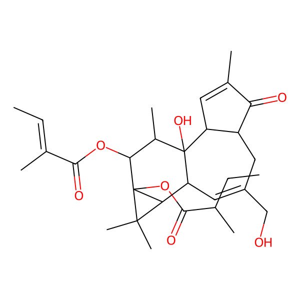 2D Structure of [(1R,2R,6R,10S,11R,13S,14R,15R)-1-hydroxy-8-(hydroxymethyl)-4,12,12,15-tetramethyl-14-[(E)-2-methylbut-2-enoyl]oxy-5-oxo-13-tetracyclo[8.5.0.02,6.011,13]pentadeca-3,8-dienyl] 2-methylbutanoate