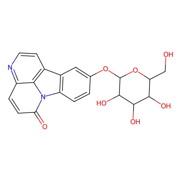 2D Structure of 12-[(2S,3R,4S,5S,6R)-3,4,5-trihydroxy-6-(hydroxymethyl)oxan-2-yl]oxy-1,6-diazatetracyclo[7.6.1.05,16.010,15]hexadeca-3,5(16),6,8,10,12,14-heptaen-2-one