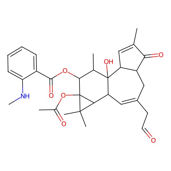 2D Structure of [(1R,2R,6S,10S,11R,13S,14R,15R)-13-acetyloxy-1-hydroxy-4,12,12,15-tetramethyl-5-oxo-8-(2-oxoethyl)-14-tetracyclo[8.5.0.02,6.011,13]pentadeca-3,8-dienyl] 2-(methylamino)benzoate