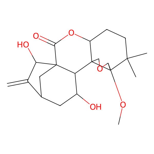 2D Structure of 14,18-Dihydroxy-9-methoxy-7,7-dimethyl-17-methylidene-3,10-dioxapentacyclo[14.2.1.01,13.04,12.08,12]nonadecan-2-one