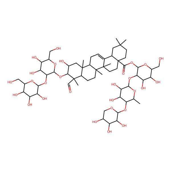 2D Structure of [(2S,3R,4S,5S,6R)-3-[(2S,3R,4S,5R,6S)-3,4-dihydroxy-6-methyl-5-[(2S,3R,4S,5R)-3,4,5-trihydroxyoxan-2-yl]oxyoxan-2-yl]oxy-4,5-dihydroxy-6-(hydroxymethyl)oxan-2-yl] (4aS,6aR,6aS,6bR,8aR,9S,10R,11S,12aR,14bS)-10-[(2R,3R,4S,5S,6R)-4,5-dihydroxy-6-(hydroxymethyl)-3-[(2S,3R,4S,5S,6R)-3,4,5-trihydroxy-6-(hydroxymethyl)oxan-2-yl]oxyoxan-2-yl]oxy-9-formyl-11-hydroxy-2,2,6a,6b,9,12a-hexamethyl-1,3,4,5,6,6a,7,8,8a,10,11,12,13,14b-tetradecahydropicene-4a-carboxylate