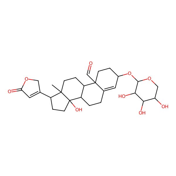 2D Structure of (3beta)-14-Hydroxy-19-oxo-3-(beta-D-xylopyranosyloxy)card-20(22)-enolide