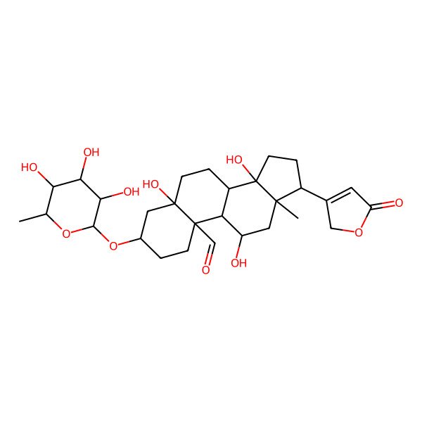 2D Structure of 3beta-[(6-Deoxy-alpha-L-mannopyranosyl)oxy]-5,11alpha,14-trihydroxy-19-oxo-5beta-card-20(22)-enolide