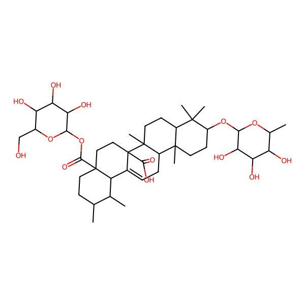 2D Structure of (1S,2R,4aS,6aR,6aR,6bR,8aR,10S,12aR,14bS)-1,2,6b,9,9,12a-hexamethyl-4a-[(2S,3R,4S,5S,6R)-3,4,5-trihydroxy-6-(hydroxymethyl)oxan-2-yl]oxycarbonyl-10-[(2R,3R,4R,5R,6S)-3,4,5-trihydroxy-6-methyloxan-2-yl]oxy-2,3,4,5,6,6a,7,8,8a,10,11,12,13,14b-tetradecahydro-1H-picene-6a-carboxylic acid