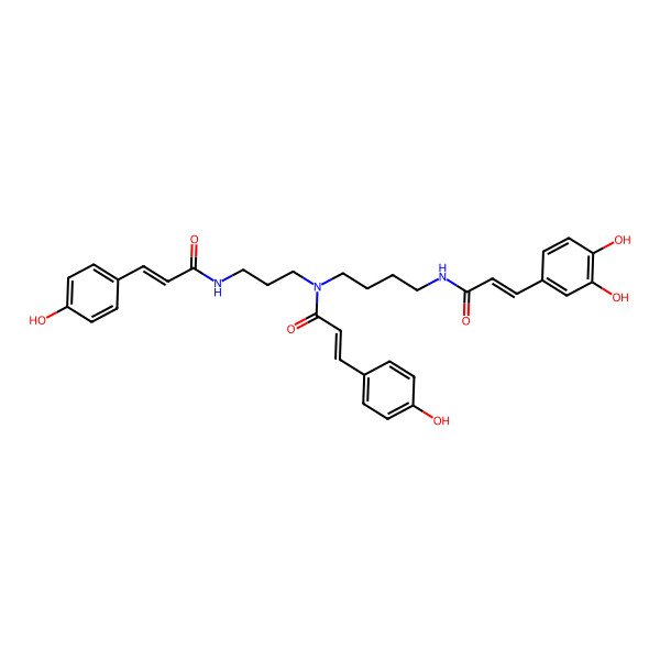 2D Structure of (E)-N-[3-[4-[[(E)-3-(3,4-dihydroxyphenyl)prop-2-enoyl]amino]butyl-[(E)-3-(4-hydroxyphenyl)prop-2-enoyl]amino]propyl]-3-(4-hydroxyphenyl)prop-2-enamide