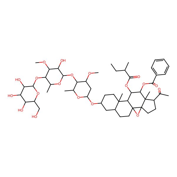 2D Structure of [(1S,3R,6R,7S,8S,9S,10S,11S,14S,16S)-6-acetyl-14-[(2R,4R,5R,6R)-5-[(2S,3R,4S,5R,6R)-3-hydroxy-4-methoxy-6-methyl-5-[(2S,3R,4S,5S,6R)-3,4,5-trihydroxy-6-(hydroxymethyl)oxan-2-yl]oxyoxan-2-yl]oxy-4-methoxy-6-methyloxan-2-yl]oxy-7,11-dimethyl-9-[(2R)-2-methylbutanoyl]oxy-2-oxapentacyclo[8.8.0.01,3.03,7.011,16]octadecan-8-yl] benzoate