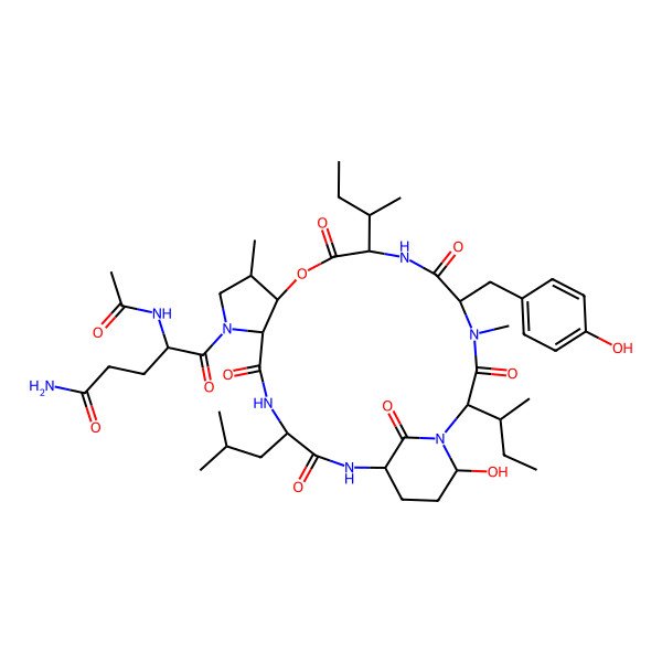 2D Structure of (4S)-4-acetamido-5-[(1S,4S,7R,10R,11S,14R,17S,20S,22R)-14-[(2R)-butan-2-yl]-20-[(2S)-butan-2-yl]-22-hydroxy-17-[(4-hydroxyphenyl)methyl]-10,18-dimethyl-4-(2-methylpropyl)-3,6,13,16,19,25-hexaoxo-12-oxa-2,5,8,15,18,21-hexazatricyclo[19.3.1.07,11]pentacosan-8-yl]-5-oxopentanamide