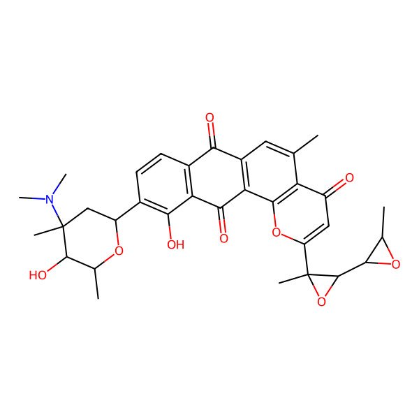 2D Structure of 10-[(2S,4R,5R,6S)-4-(dimethylamino)-5-hydroxy-4,6-dimethyloxan-2-yl]-11-hydroxy-5-methyl-2-[(2S,3S)-2-methyl-3-[(2R,3S)-3-methyloxiran-2-yl]oxiran-2-yl]naphtho[2,3-h]chromene-4,7,12-trione