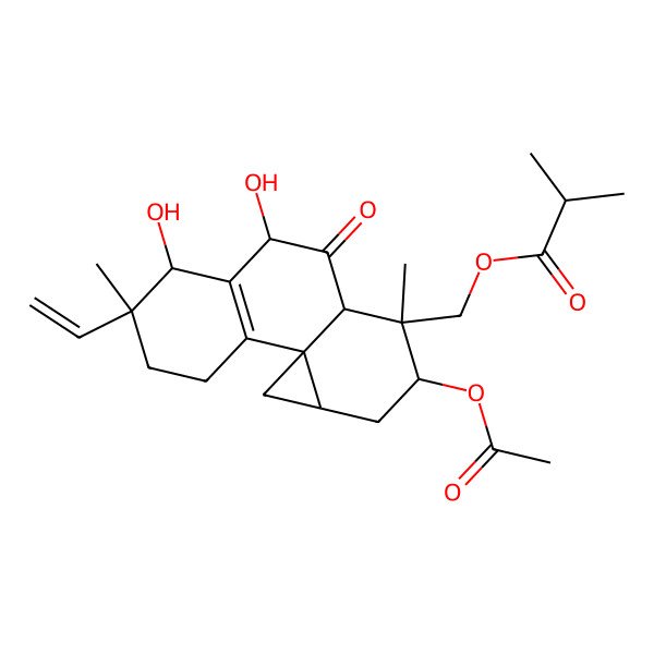2D Structure of (12-Acetyloxy-5-ethenyl-6,8-dihydroxy-5,11-dimethyl-9-oxo-11-tetracyclo[8.5.0.01,14.02,7]pentadec-2(7)-enyl)methyl 2-methylpropanoate