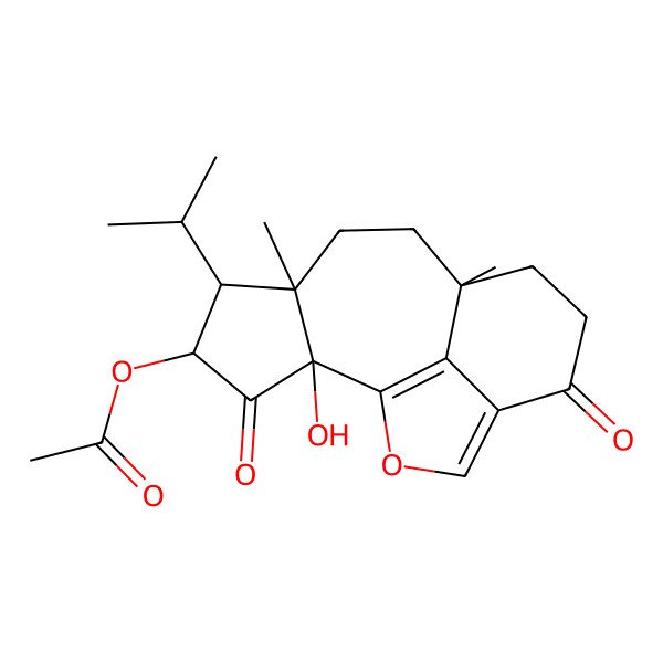 2D Structure of (2-Hydroxy-6,9-dimethyl-3,12-dioxo-5-propan-2-yl-15-oxatetracyclo[7.6.1.02,6.013,16]hexadeca-1(16),13-dien-4-yl) acetate