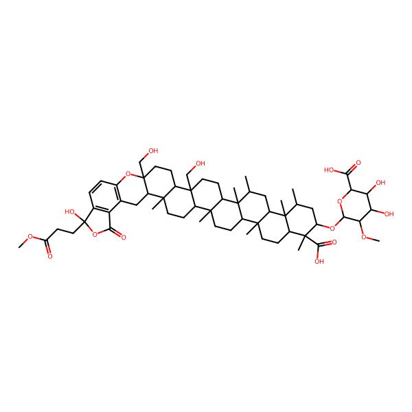 2D Structure of (2R,6S,10R,13R,14R,17R,18S,22R,26S,39R)-11-[(3R,4S,5S,6S)-6-carboxy-4,5-dihydroxy-3-methoxyoxan-2-yl]oxy-32-hydroxy-22,26-bis(hydroxymethyl)-32-(3-methoxy-3-oxopropyl)-2,6,10,13,14,17,18,39-octamethyl-34-oxo-27,33-dioxadecacyclo[20.19.0.02,19.05,18.06,15.09,14.023,39.026,38.028,36.031,35]hentetraconta-28(36),29,31(35)-triene-10-carboxylic acid