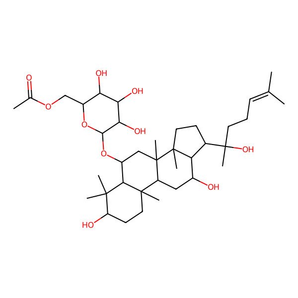 2D Structure of [(2R,3S,4S,5R,6R)-6-[[(3S,5R,6S,8R,9R,10R,12R,13R,14R,17S)-3,12-dihydroxy-17-[(2S)-2-hydroxy-6-methylhept-5-en-2-yl]-4,4,8,10,14-pentamethyl-2,3,5,6,7,9,11,12,13,15,16,17-dodecahydro-1H-cyclopenta[a]phenanthren-6-yl]oxy]-3,4,5-trihydroxyoxan-2-yl]methyl acetate