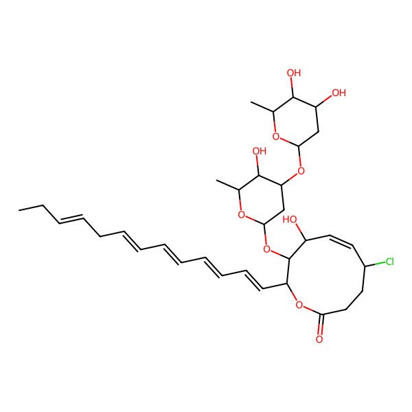 2D Structure of (2S,3R,4R,5Z,7R)-7-chloro-3-[(2S,4R,5S,6R)-4-[(2S,4R,5R,6R)-4,5-dihydroxy-6-methyloxan-2-yl]oxy-5-hydroxy-6-methyloxan-2-yl]oxy-4-hydroxy-2-[(1Z,3E,5E,7Z,10Z)-trideca-1,3,5,7,10-pentaenyl]-2,3,4,7,8,9-hexahydrooxecin-10-one