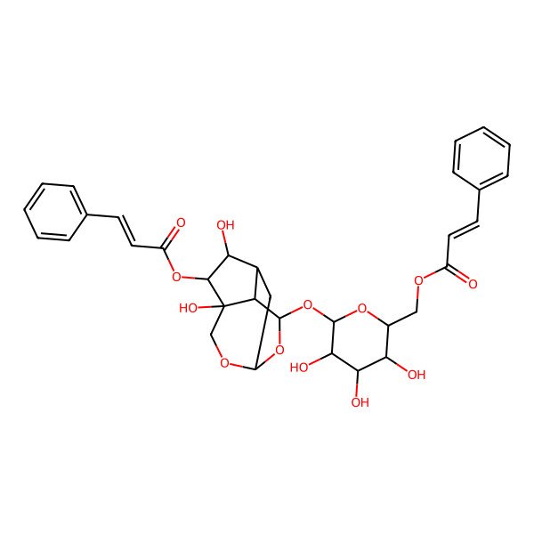 2D Structure of [(2R,3S,4S,5R,6S)-6-[[(1R,4R,5R,6S,7R,8S,9S)-4,6-dihydroxy-5-[(E)-3-phenylprop-2-enoyl]oxy-2,10-dioxatricyclo[5.3.1.04,8]undecan-9-yl]oxy]-3,4,5-trihydroxyoxan-2-yl]methyl (E)-3-phenylprop-2-enoate