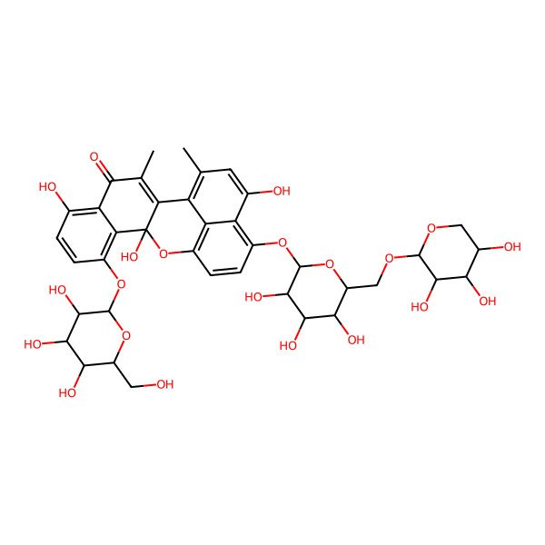 2D Structure of 6,11,18-trihydroxy-3,20-dimethyl-9-[(2S,3R,4S,5S,6R)-3,4,5-trihydroxy-6-(hydroxymethyl)oxan-2-yl]oxy-16-[(2S,3R,4S,5S,6R)-3,4,5-trihydroxy-6-[[(2S,3R,4S,5R)-3,4,5-trihydroxyoxan-2-yl]oxymethyl]oxan-2-yl]oxy-12-oxapentacyclo[11.7.1.02,11.05,10.017,21]henicosa-1(20),2,5,7,9,13(21),14,16,18-nonaen-4-one