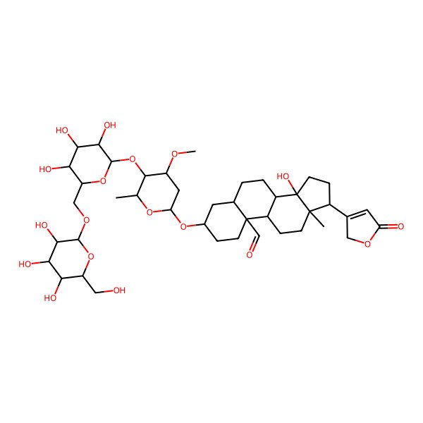 2D Structure of 14-hydroxy-3-[4-methoxy-6-methyl-5-[3,4,5-trihydroxy-6-[[3,4,5-trihydroxy-6-(hydroxymethyl)oxan-2-yl]oxymethyl]oxan-2-yl]oxyoxan-2-yl]oxy-13-methyl-17-(5-oxo-2H-furan-3-yl)-1,2,3,4,5,6,7,8,9,11,12,15,16,17-tetradecahydrocyclopenta[a]phenanthrene-10-carbaldehyde
