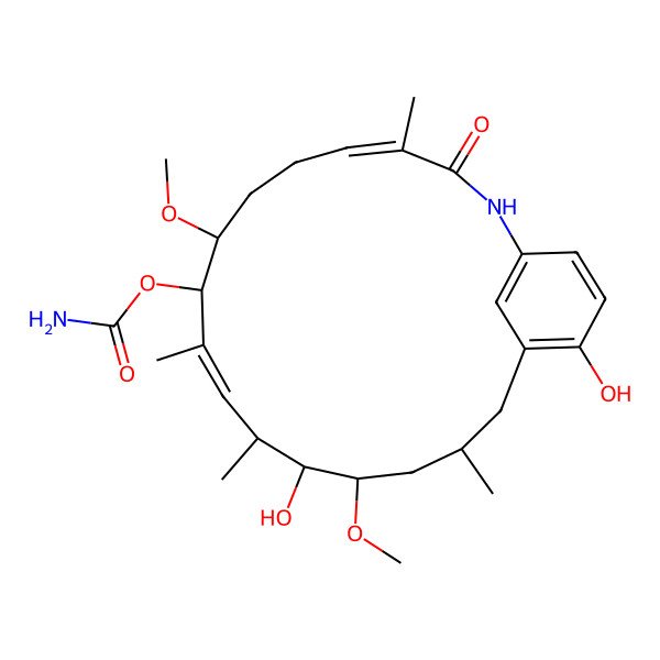 2D Structure of Carbamic acid (4E,10E)-(8S,9S,12S,13R,14S,16R)-13,19-dihydroxy-8,14-dimethoxy-4,10,12,16-tetramethyl-3-oxo-2-aza-bicyclo[16.3.1]docosa-1(22),4,10,18,20-pentaen-9-yl ester