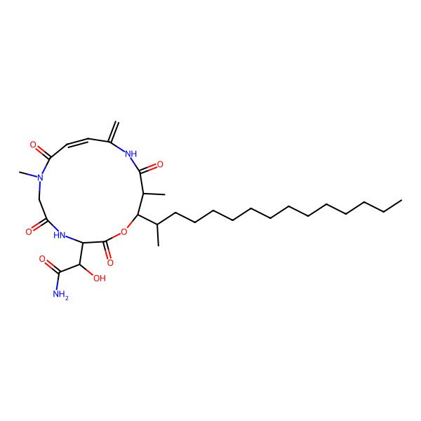2D Structure of 2-(7,14-Dimethyl-11-methylidene-2,5,8,13-tetraoxo-15-pentadecan-2-yl-1-oxa-4,7,12-triazacyclopentadec-9-en-3-yl)-2-hydroxyacetamide