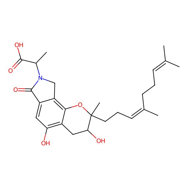 2D Structure of (2S)-2-[(2S,3S)-2-(4,8-dimethylnona-3,7-dienyl)-3,5-dihydroxy-2-methyl-7-oxo-4,9-dihydro-3H-pyrano[2,3-e]isoindol-8-yl]propanoic acid