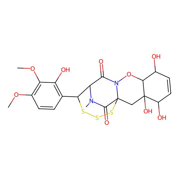 2D Structure of 3,4,7-Trihydroxy-13-(2-hydroxy-3,4-dimethoxyphenyl)-18-methyl-9-oxa-14,15,16-trithia-10,18-diazatetracyclo[10.4.2.01,10.03,8]octadec-5-ene-11,17-dione