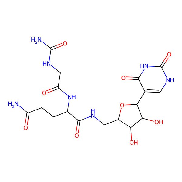 2D Structure of 2-[[2-(carbamoylamino)acetyl]amino]-N-[[(2R,3S,4R,5S)-5-(2,4-dioxo-1H-pyrimidin-5-yl)-3,4-dihydroxyoxolan-2-yl]methyl]pentanediamide