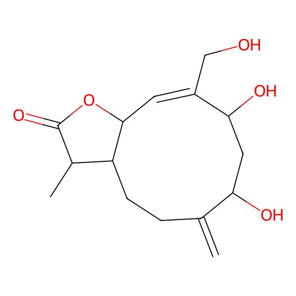 2D Structure of (3R,3aS,7R,9S,10Z,11aR)-7,9-dihydroxy-10-(hydroxymethyl)-3-methyl-6-methylidene-3,3a,4,5,7,8,9,11a-octahydrocyclodeca[b]furan-2-one