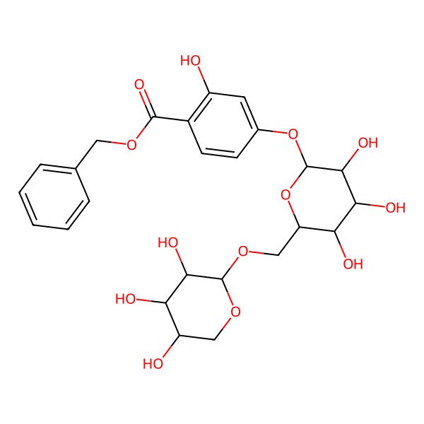 2D Structure of benzyl 2-hydroxy-4-[(2S,3R,4S,5S,6R)-3,4,5-trihydroxy-6-[[(2S,3R,4S,5R)-3,4,5-trihydroxyoxan-2-yl]oxymethyl]oxan-2-yl]oxybenzoate