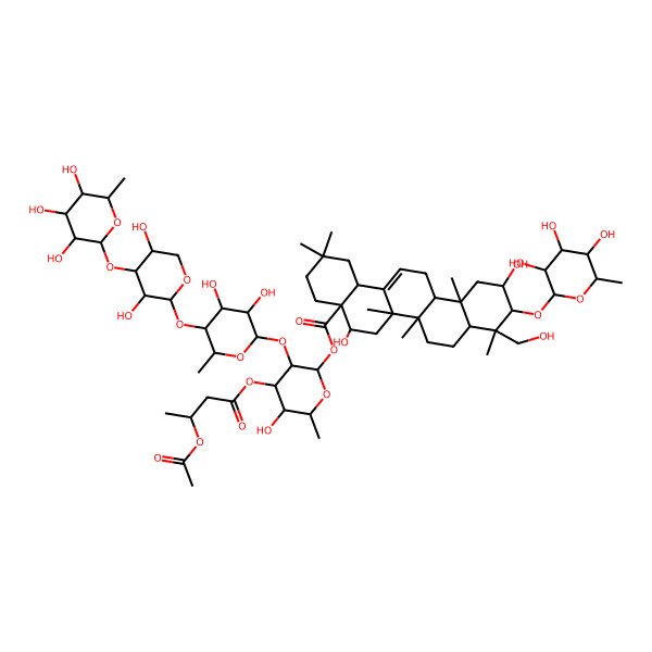 2D Structure of [(2S,3R,4S,5S,6R)-4-[(3S)-3-acetyloxybutanoyl]oxy-3-[(2S,3R,4S,5R,6S)-5-[(2S,3R,4S,5R)-3,5-dihydroxy-4-[(2S,3R,4R,5R,6S)-3,4,5-trihydroxy-6-methyloxan-2-yl]oxyoxan-2-yl]oxy-3,4-dihydroxy-6-methyloxan-2-yl]oxy-5-hydroxy-6-methyloxan-2-yl] (4aR,5R,6aR,6aS,6bR,8aR,9R,10R,11S,12aS,14bS)-5,11-dihydroxy-9-(hydroxymethyl)-2,2,6a,6b,9,12a-hexamethyl-10-[(2S,3R,4R,5R,6S)-3,4,5-trihydroxy-6-methyloxan-2-yl]oxy-1,3,4,5,6,6a,7,8,8a,10,11,12,13,14b-tetradecahydropicene-4a-carboxylate